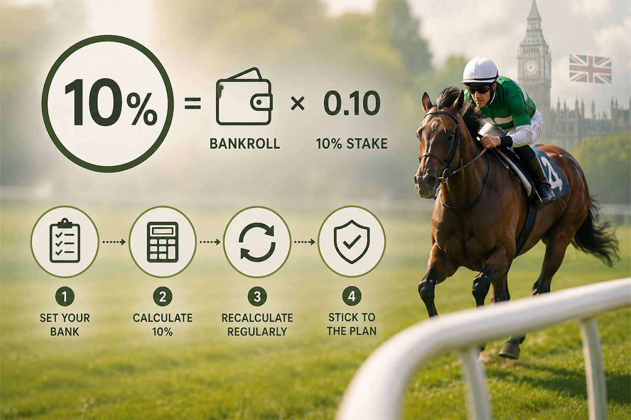 Horse racing bankroll strategy infographic showing the 10% betting bank system with UK racing elements.