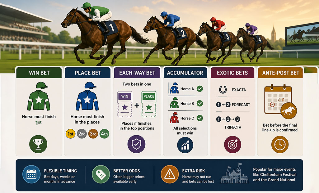 Horse racing bet types explained with win, place, each-way and accumulator betting examples