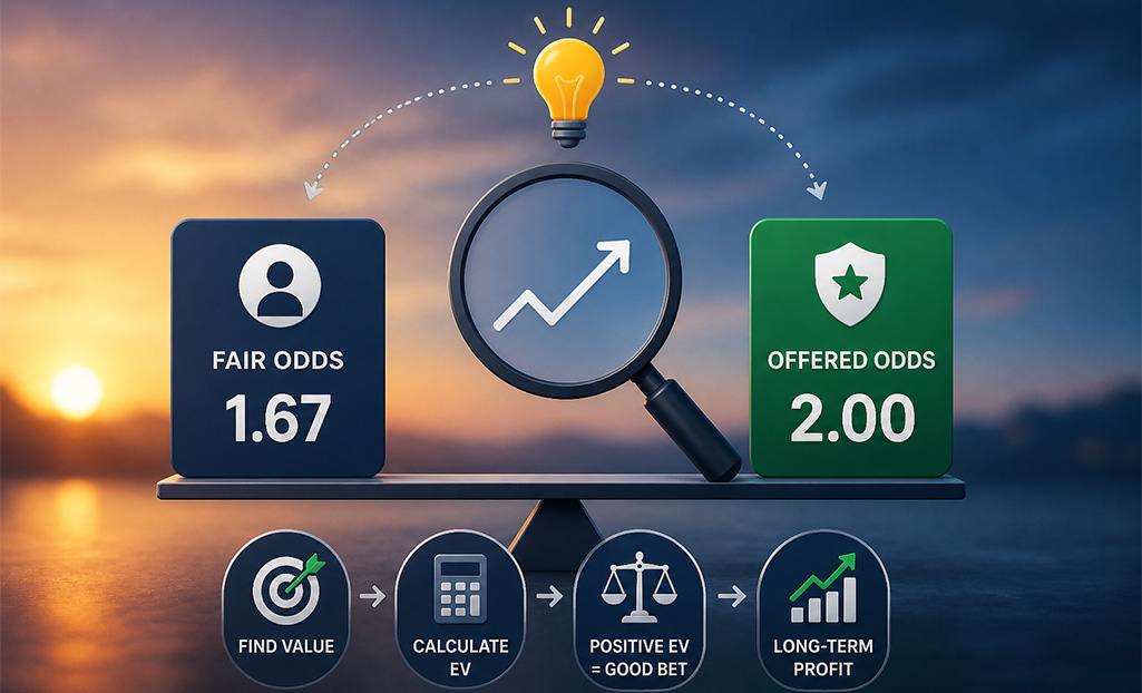 Value Betting example showing fair odds vs offered odds and positive expected value concept