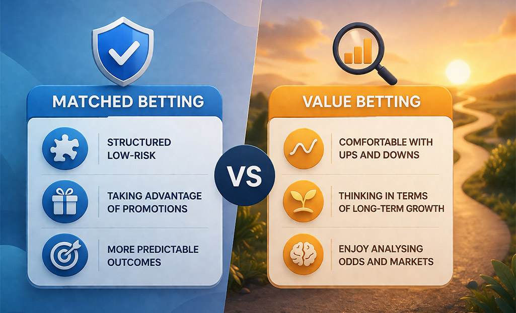 Value Betting vs Matched Betting comparison showing differences between low risk and long term strategy
