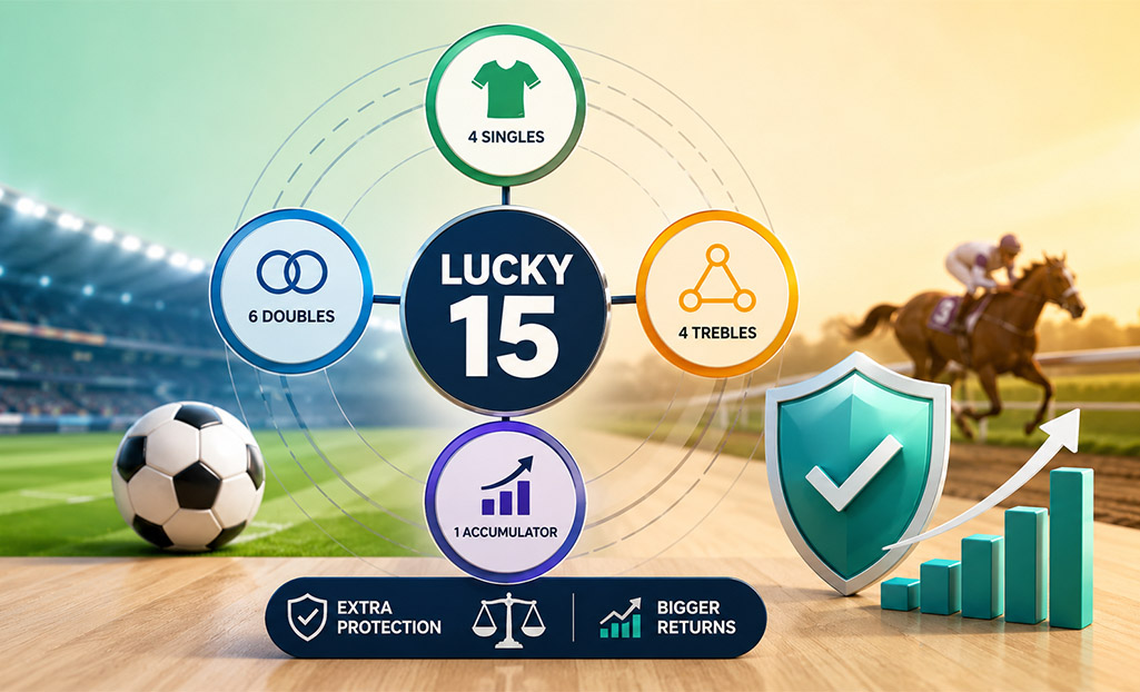 Lucky 15 bet structure with singles doubles trebles and accumulator